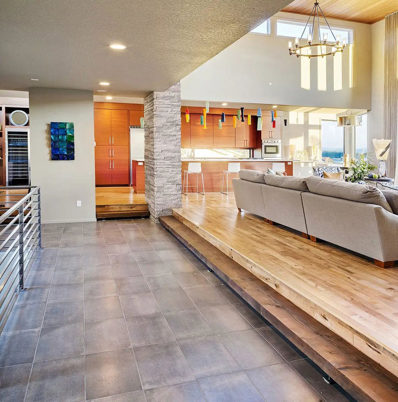 Gray Oak Split Face Marble Pavers 6x24 in a finished room