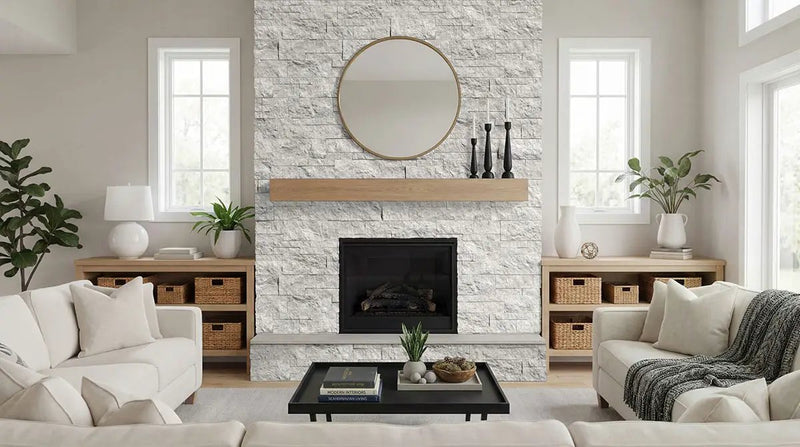 Laguna Gray Split Face Marble Pavers 9x18 in a finished room