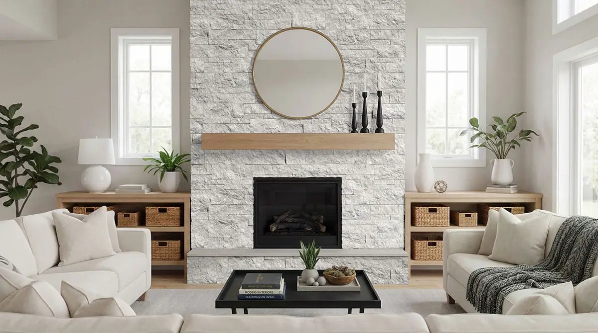 Laguna Gray Split Face Marble Pavers 9x24 in a finished room