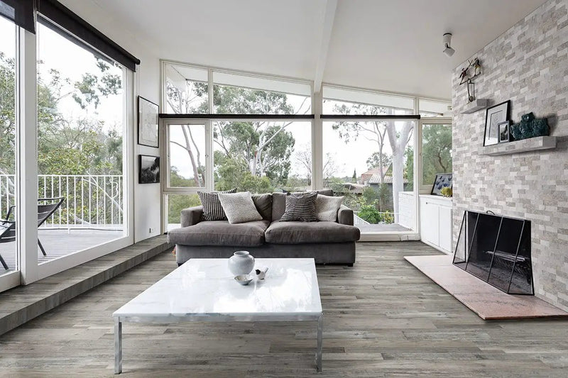 Luna Gray Split Face Corner Marble Pavers 6x18 in a finished room