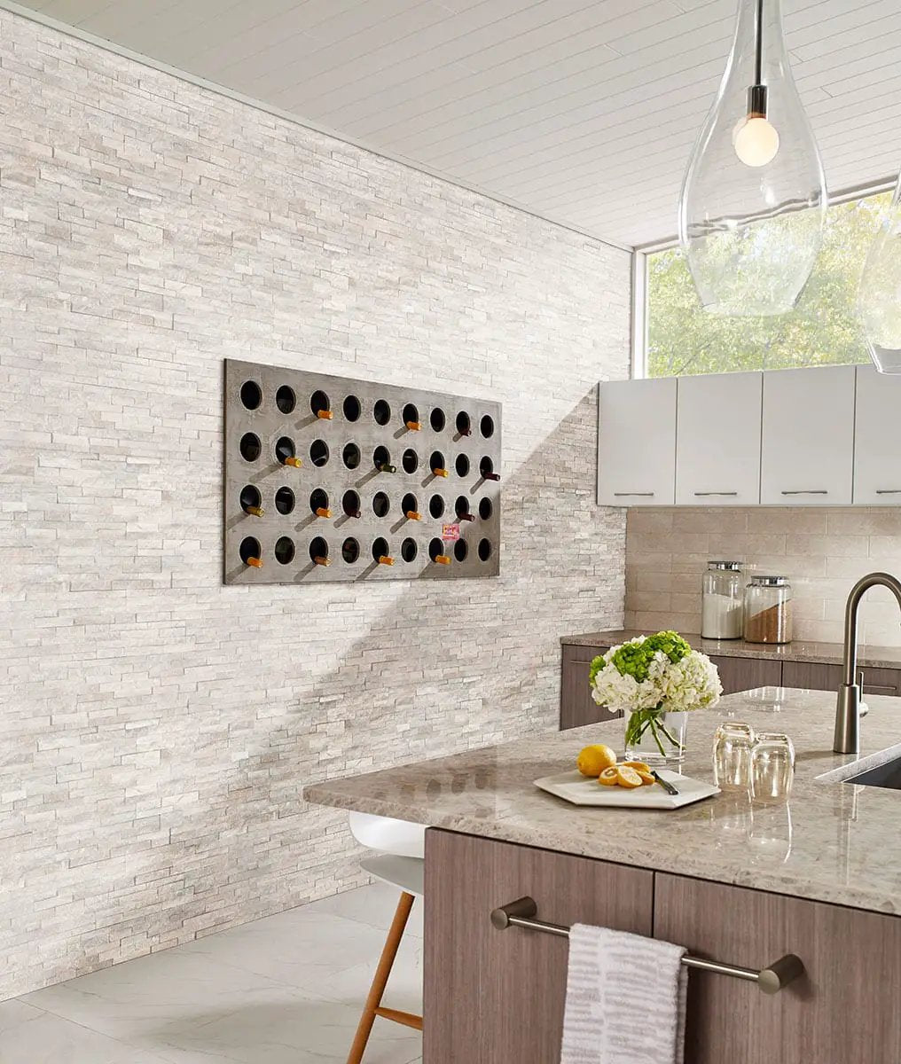 Arctic White Mini Split Face Marble Pavers in a finished room