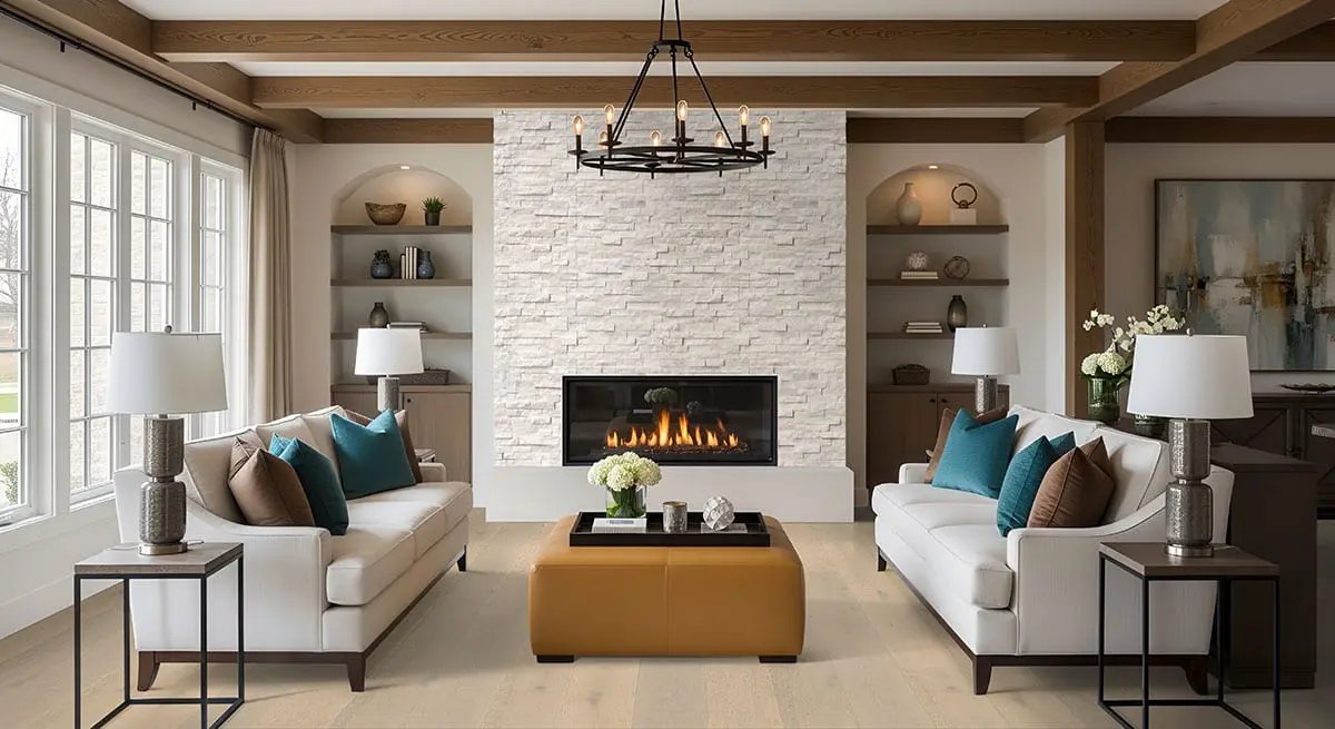 Arctic White Split Face Marble Pavers 6x24 in a finished room