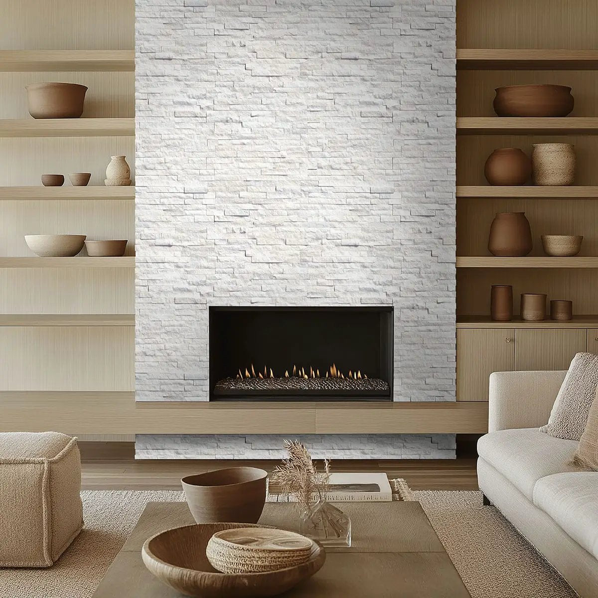 Arctic White Split Face Marble Pavers 6x24 in a finished room