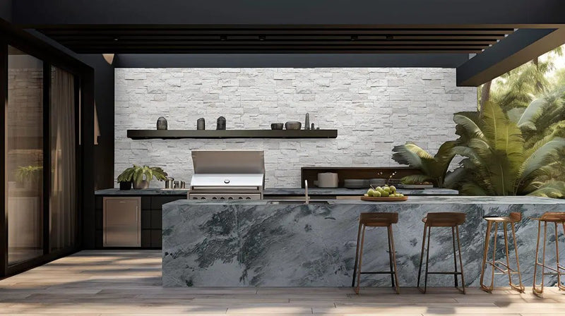 Arctic White Xl Split Face Corner Quartzite Pavers 9x12 in a finished room