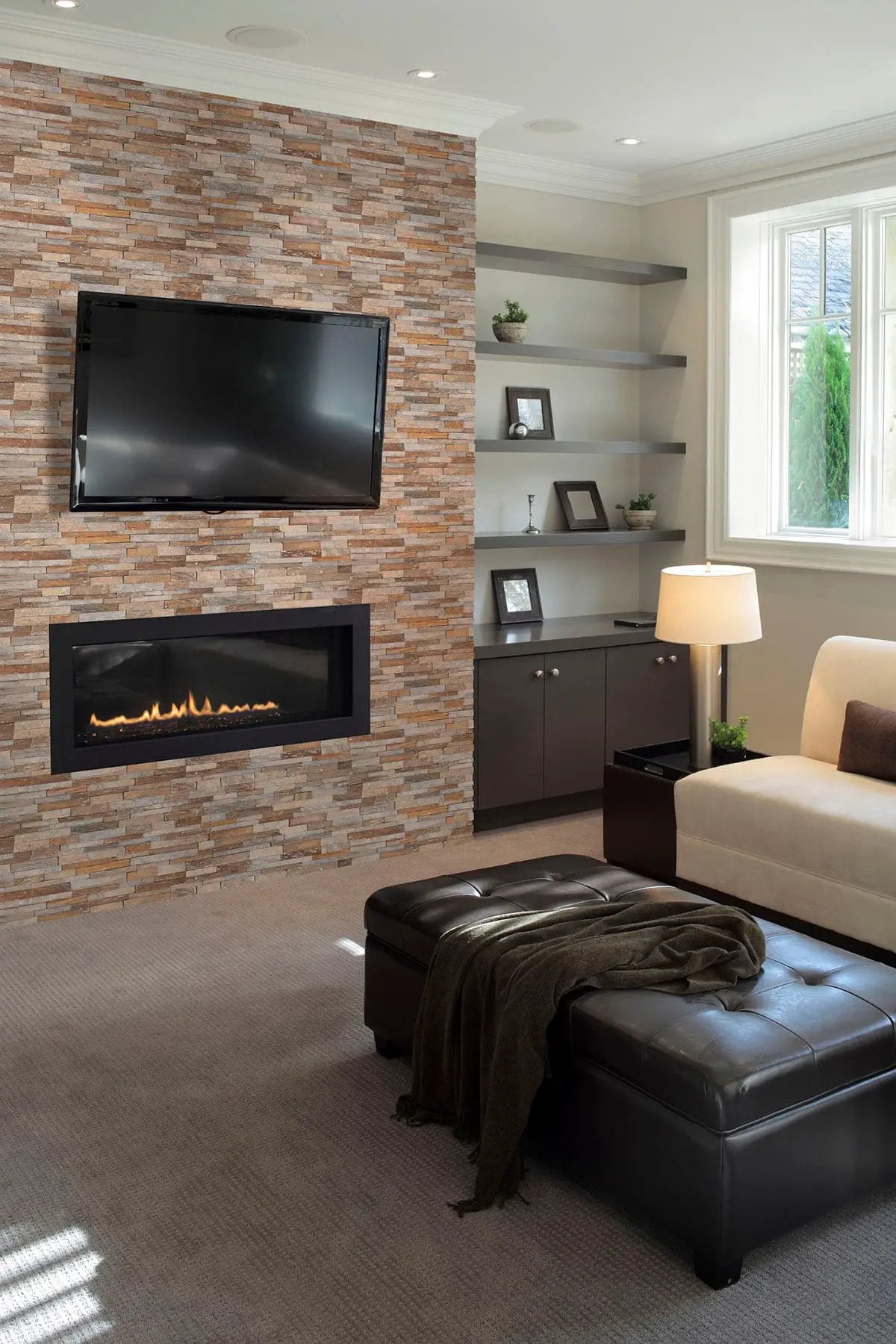 Canyon Creek Split Face Quartzite Pavers 6x24 in a finished room