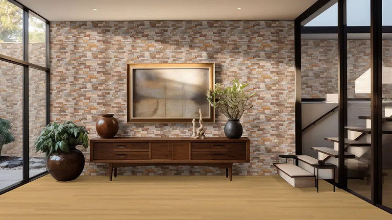 Canyon Creek Split Face Quartzite Pavers 6x24 in a finished room