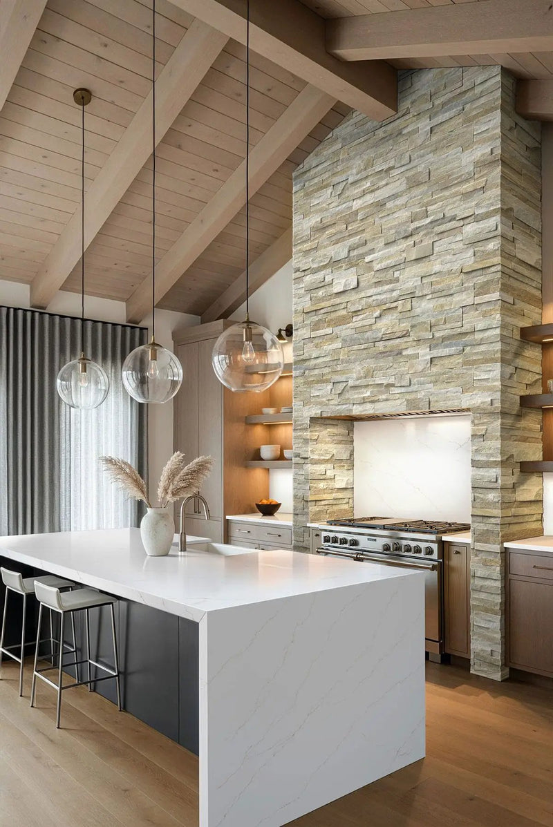 Golden Honey Split Face Quartzite Pavers 6x24 in a finished room