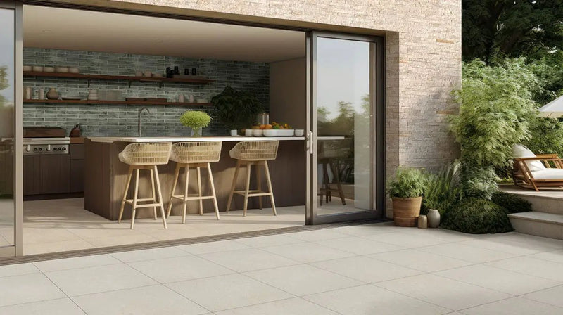 Royal White Split Face Quartzite Pavers 6x24 in a finished room