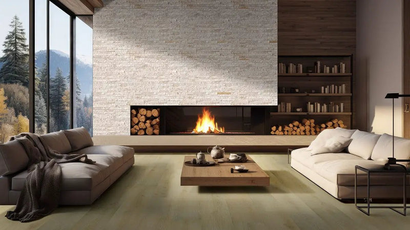 Royal White Split Face Quartzite Pavers 6x24 in a finished room