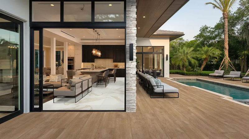 Royal White Xl Split Face Quartzite Pavers 9x24 in a finished room