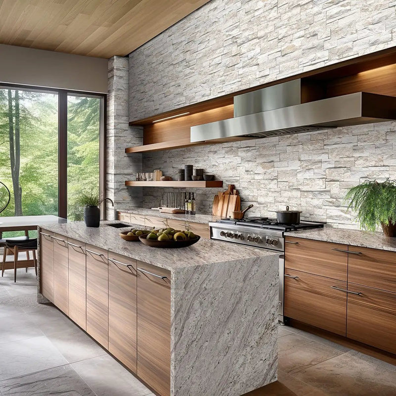 Royal White Xl Split Face Corner Quartzite Pavers 9x12 in a finished room