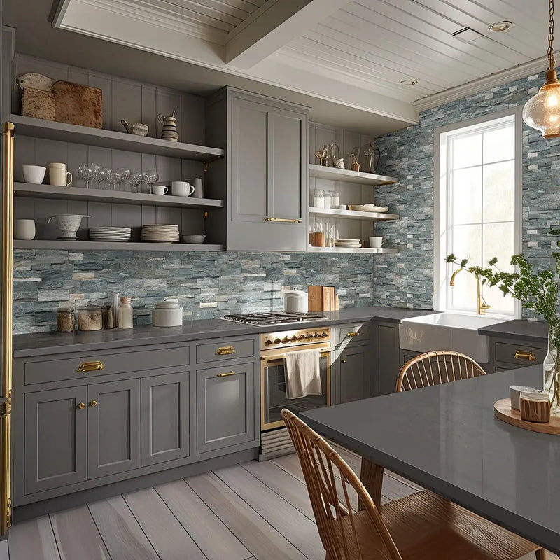 Sierra Blue Xl Split Face Quartzite Pavers 9x24 in a finished room