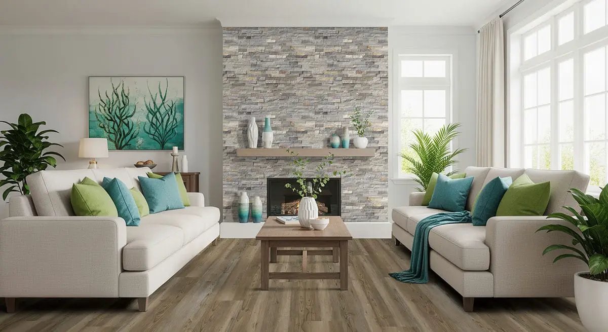 Sunset Silver Split Face Quartzite Pavers 6x18 in a finished room