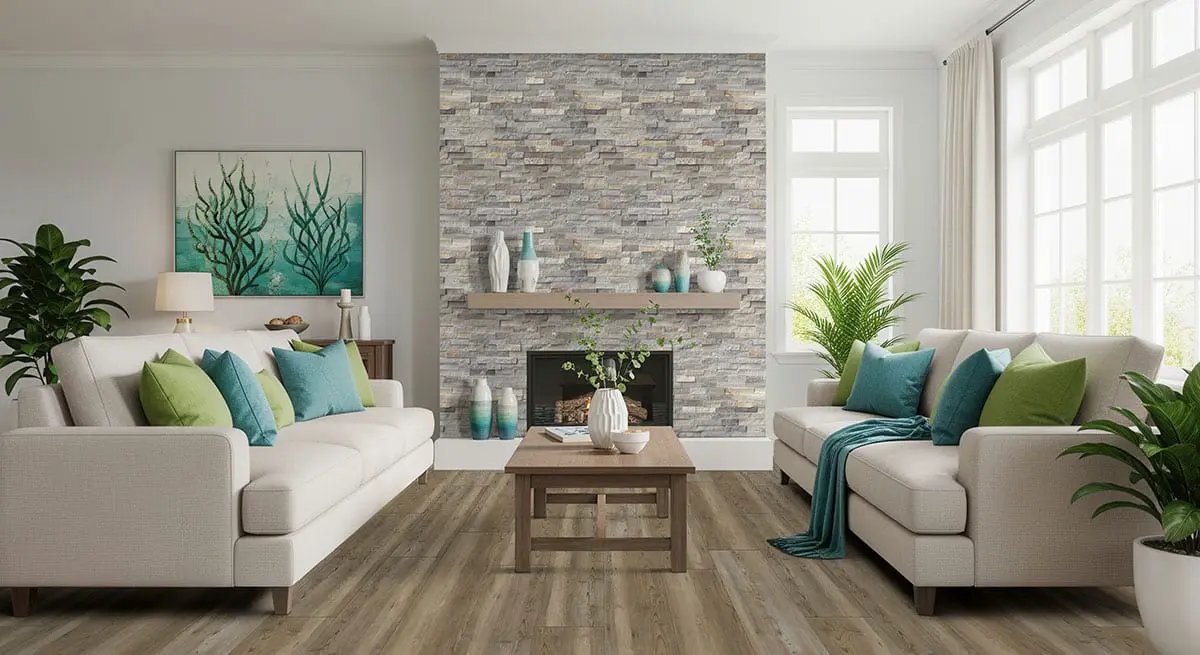 Sunset Silver Split Face Quartzite Pavers 6x18 in a finished room