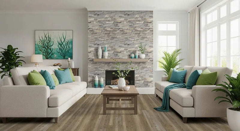 Sunset Silver Split Face Quartzite Pavers 6x18 in a finished room