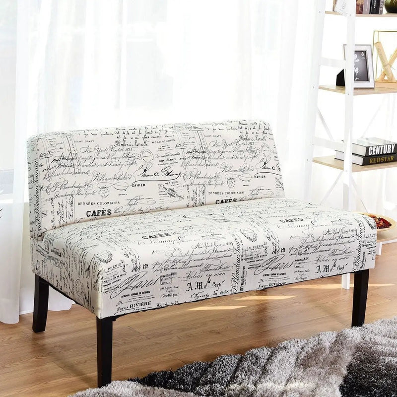 Modern Loveseat Sofa with Off-White Cursive Pattern Upholstery and Black Wood Legs by HomePacific