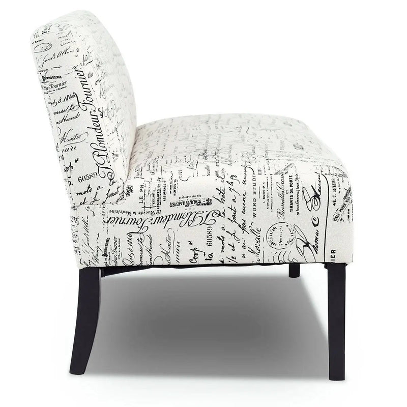 Modern Loveseat Sofa with Off-White Cursive Pattern Upholstery and Black Wood Legs by HomePacific