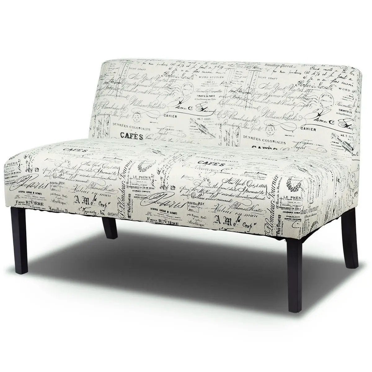 Modern Loveseat Sofa with Off-White Cursive Pattern Upholstery and Black Wood Legs by HomePacific