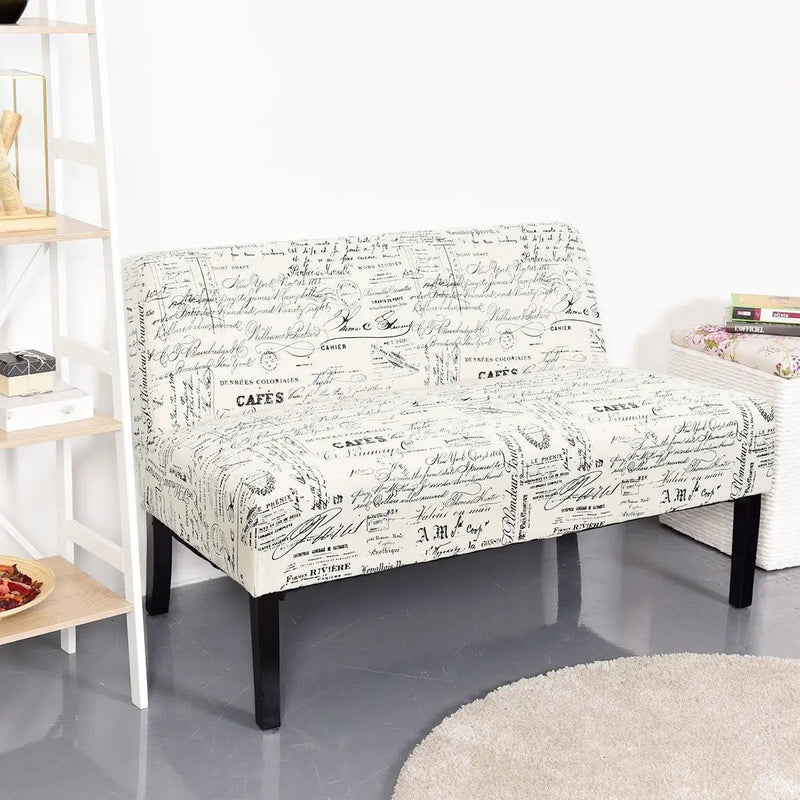 Modern Loveseat Sofa with Off-White Cursive Pattern Upholstery and Black Wood Legs by HomePacific