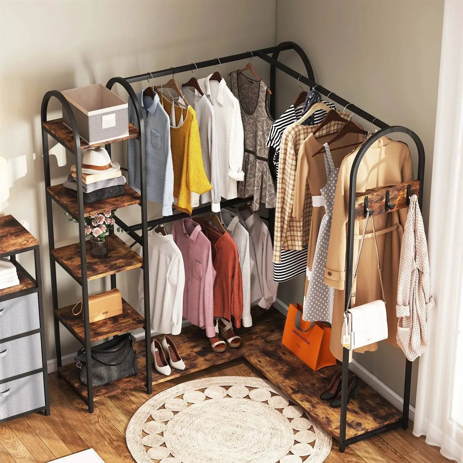 Corner L-Shaped Garment Rack with Clothing Hanging Rods and Storage Shelves by HomePacific