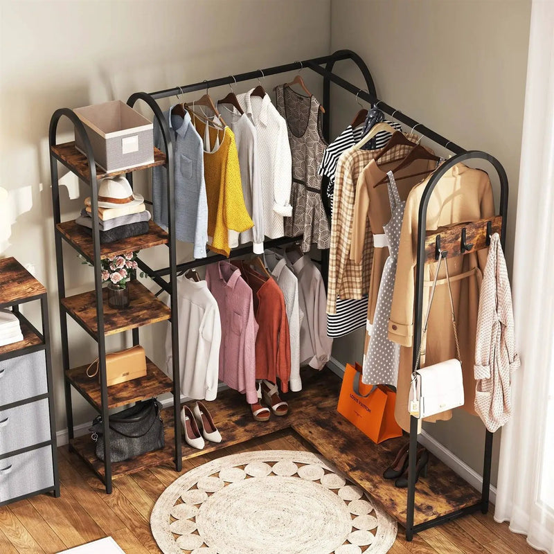 Corner L-Shaped Garment Rack with Clothing Hanging Rods and Storage Shelves by HomePacific