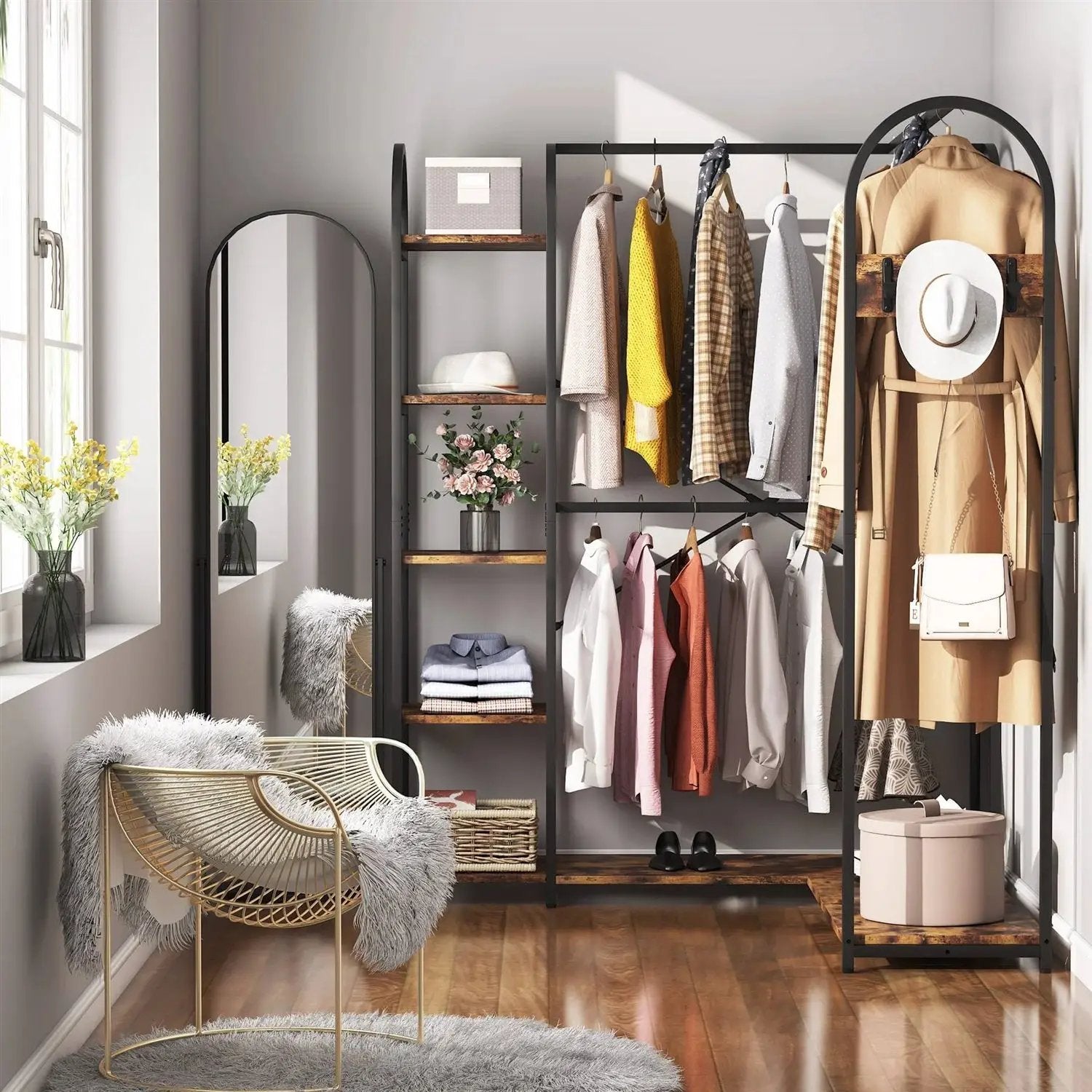 Corner L-Shaped Garment Rack with Clothing Hanging Rods and Storage Shelves by HomePacific