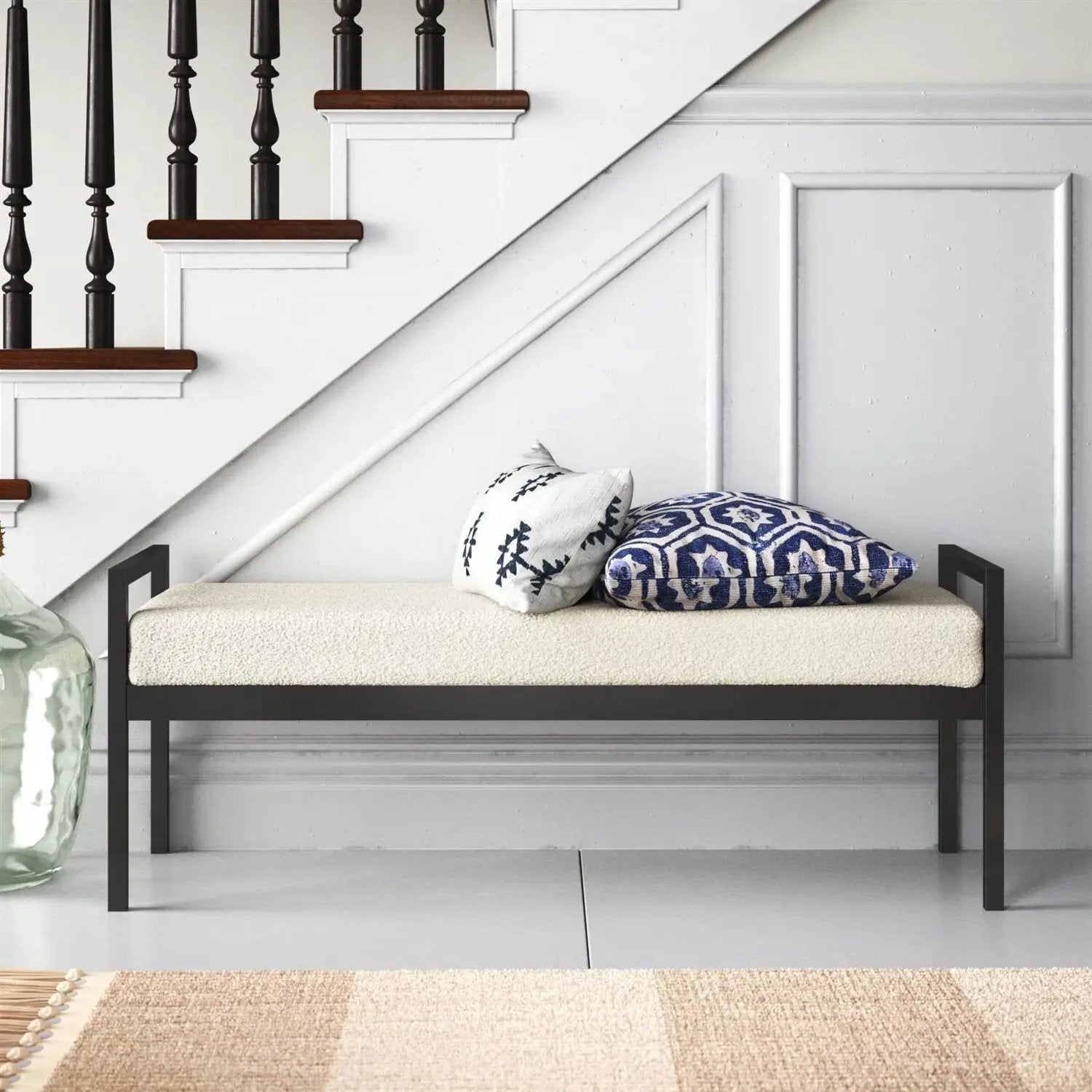 Modern Industrial Bed Bench with Black Metal Frame and Cream Upholstered Cushion by HomePacific