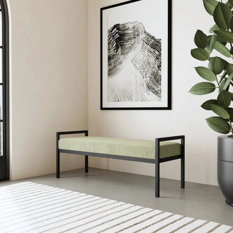 Modern Industrial Bed Bench with Black Metal Frame and Sage Green Velvet Cushion by HomePacific