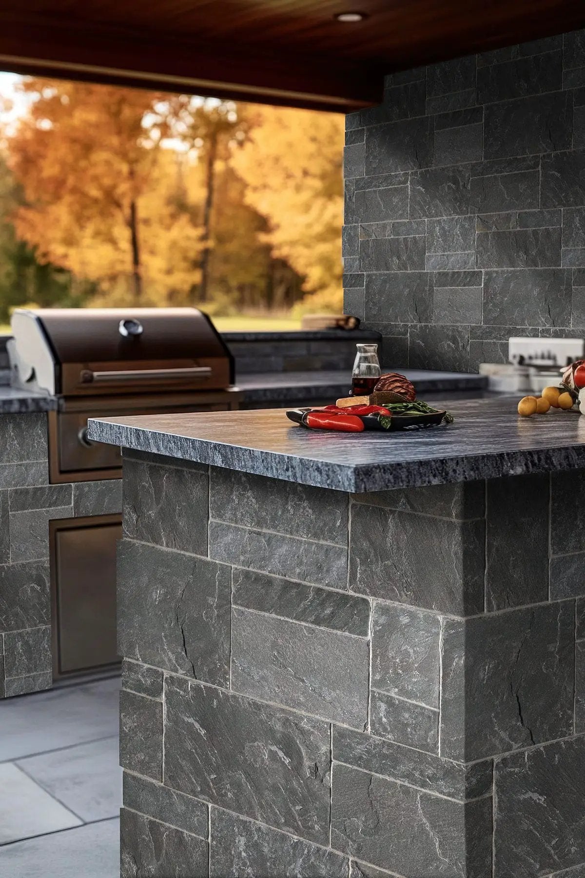 Avalon Bay Sawn Ashlar Light Tumbled Split Face Marble Pavers in a finished room