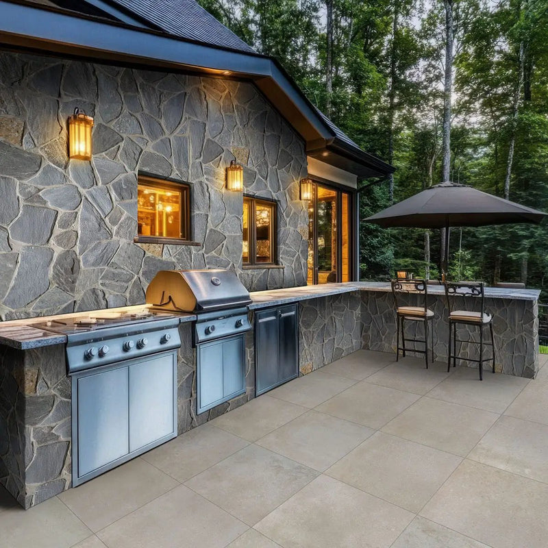 Avalon Bay Fieldstone Tumbled Marble Pavers in a finished room