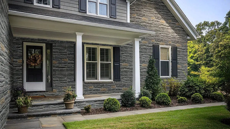 Avalon Bay Ledgestone Split Face Marble Pavers in a finished room