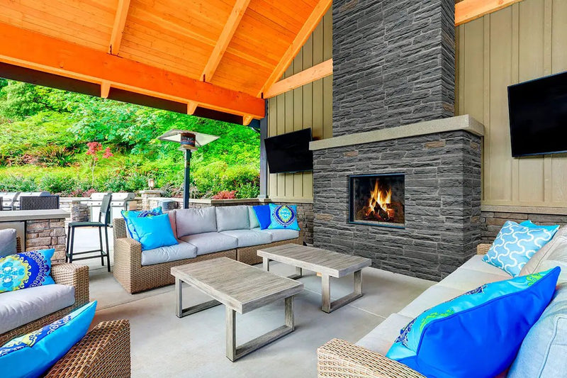 Avalon Bay Ledgestone Split Face Marble Pavers in a finished room