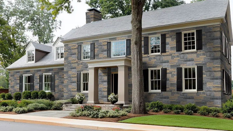 Metuchen Hills Sawn Ashlar Split Face Marble Pavers in a finished room
