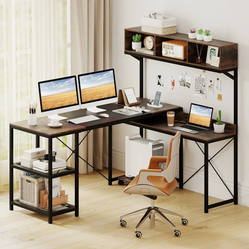 L-Shaped Computer Desk with Power Outlets 62 Inches Corner Desk with Storage Hutch-Brown by DirectDeals
