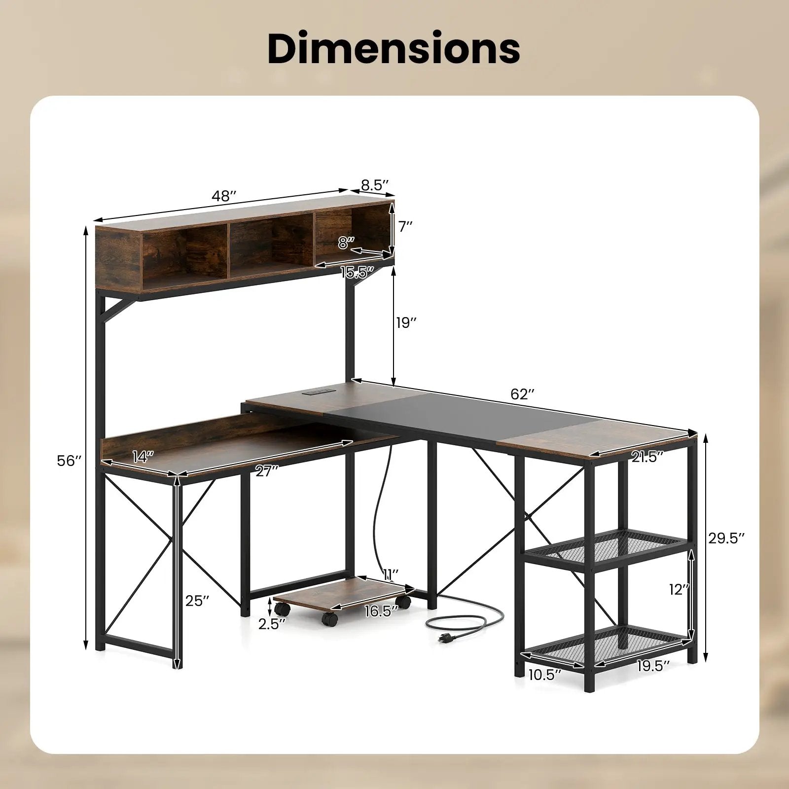 L-Shaped Computer Desk with Power Outlets 62 Inches Corner Desk with Storage Hutch-Brown by DirectDeals