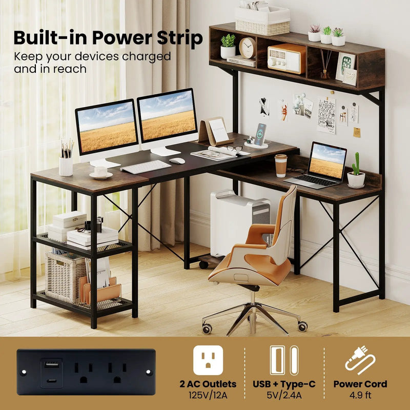 L-Shaped Computer Desk with Power Outlets 62 Inches Corner Desk with Storage Hutch-Brown by DirectDeals