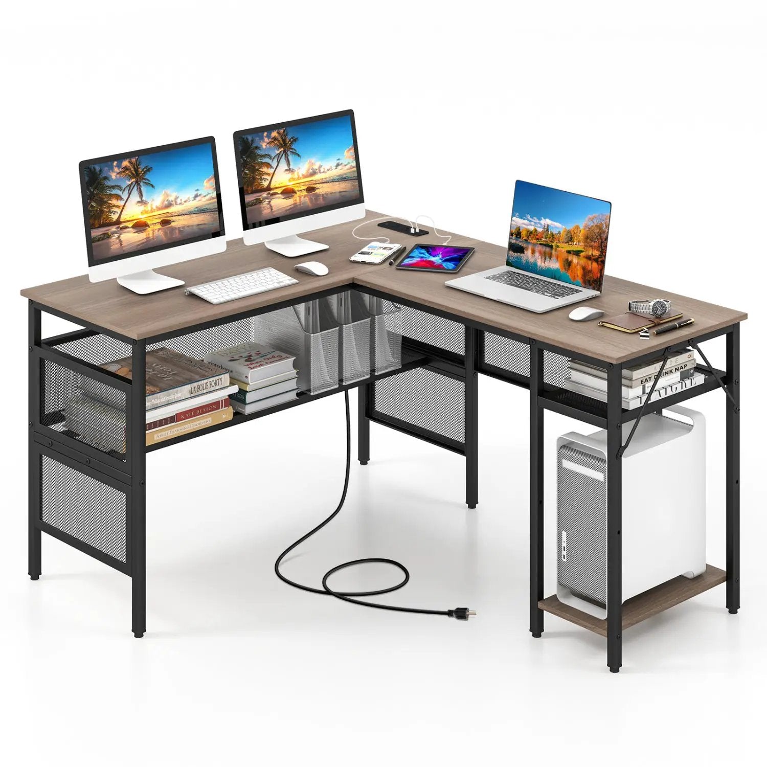 L-Shaped Computer Desk with Charging Station and Adjustable Shelf-Gray by DirectDeals