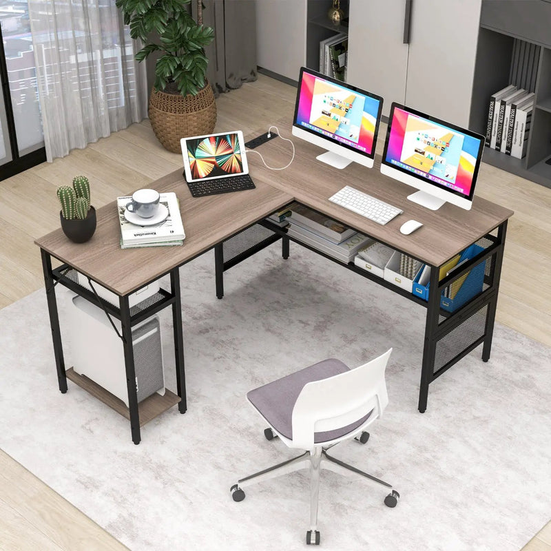 L-Shaped Computer Desk with Charging Station and Adjustable Shelf-Gray by DirectDeals