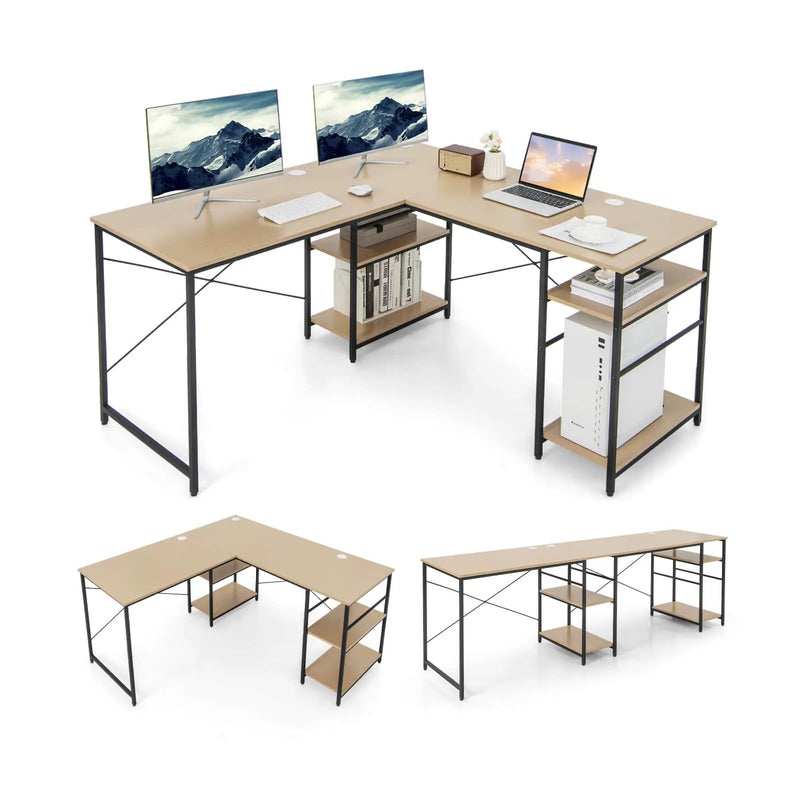 L Shaped Computer Desk with 4 Storage Shelves and Cable Holes by DirectDeals