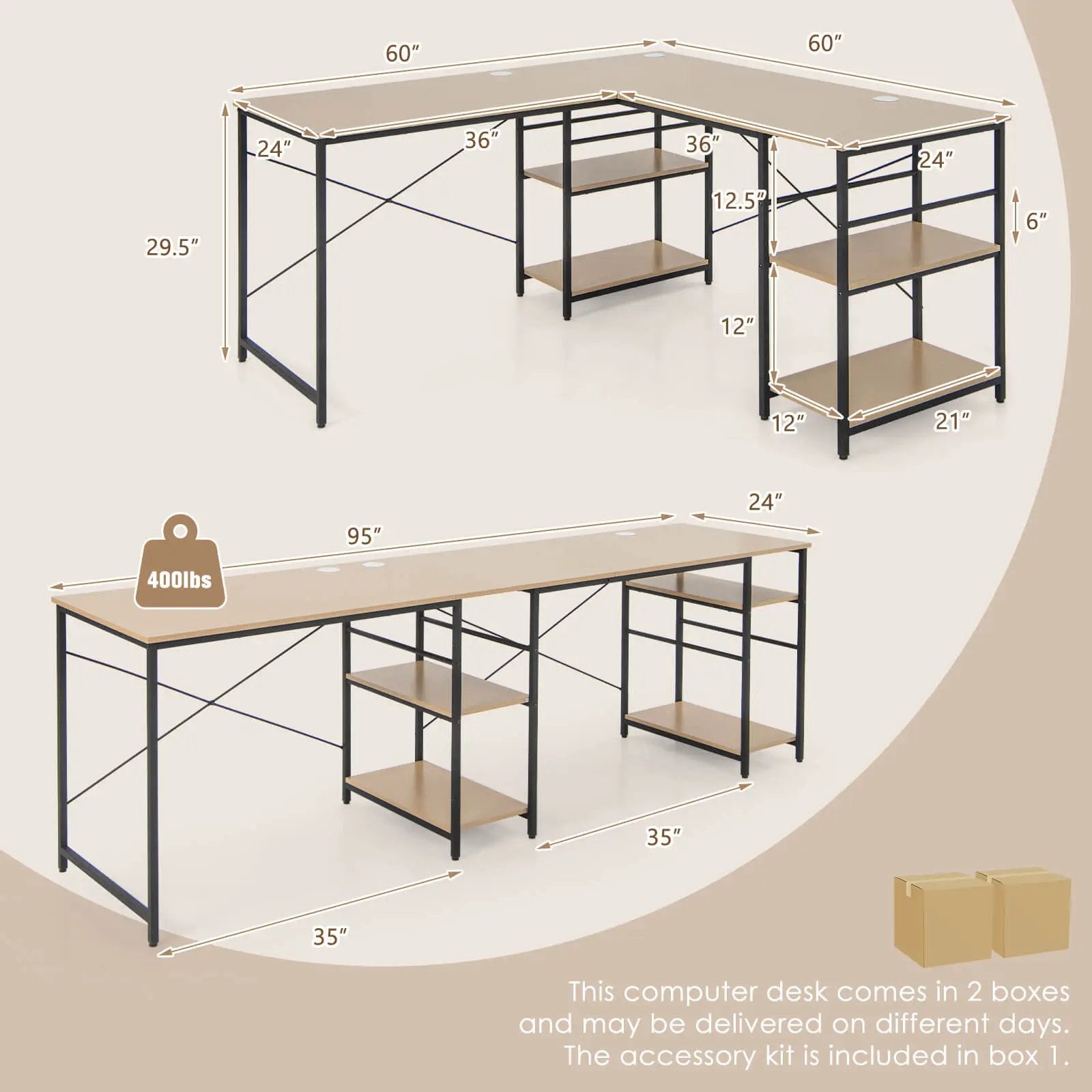 L Shaped Computer Desk with 4 Storage Shelves and Cable Holes by DirectDeals