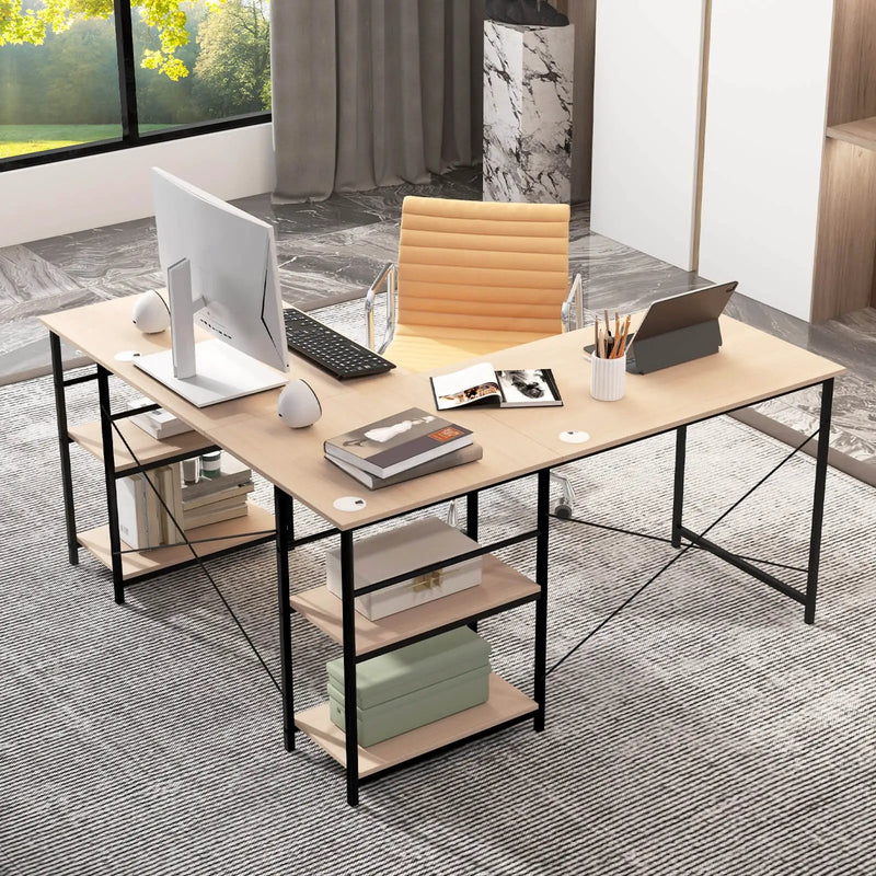 L Shaped Computer Desk with 4 Storage Shelves and Cable Holes by DirectDeals