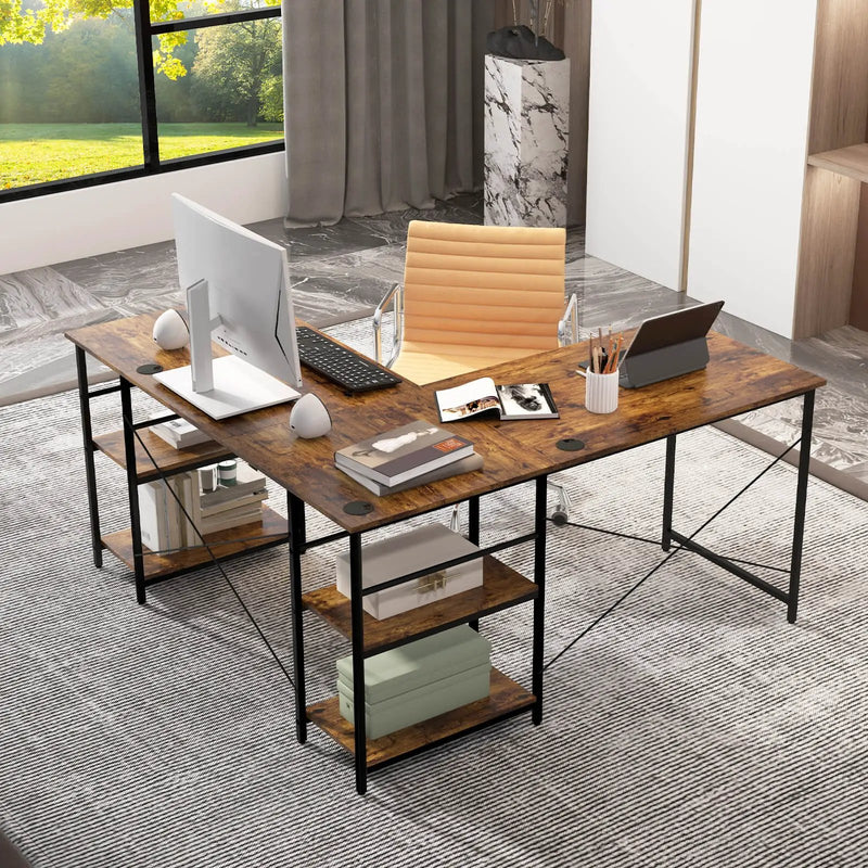 L Shaped Computer Desk with 4 Storage Shelves and Cable Holes by DirectDeals
