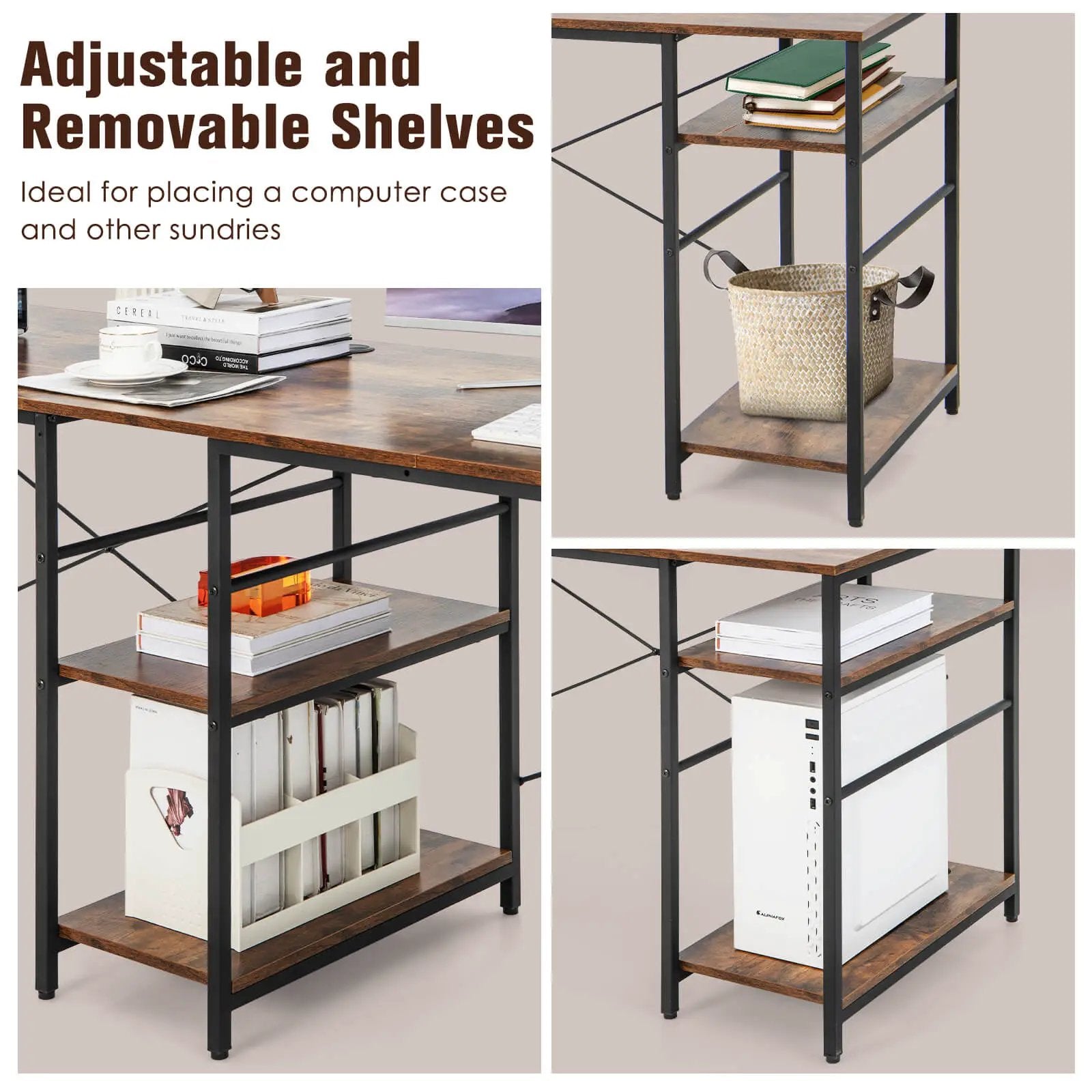 L Shaped Computer Desk with 4 Storage Shelves and Cable Holes by DirectDeals
