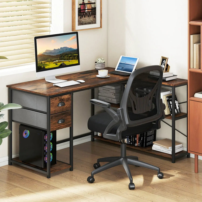 L Shaped Desk with Charging Station Corner Computer Desk with 2 Fabric Drawers by DirectDeals