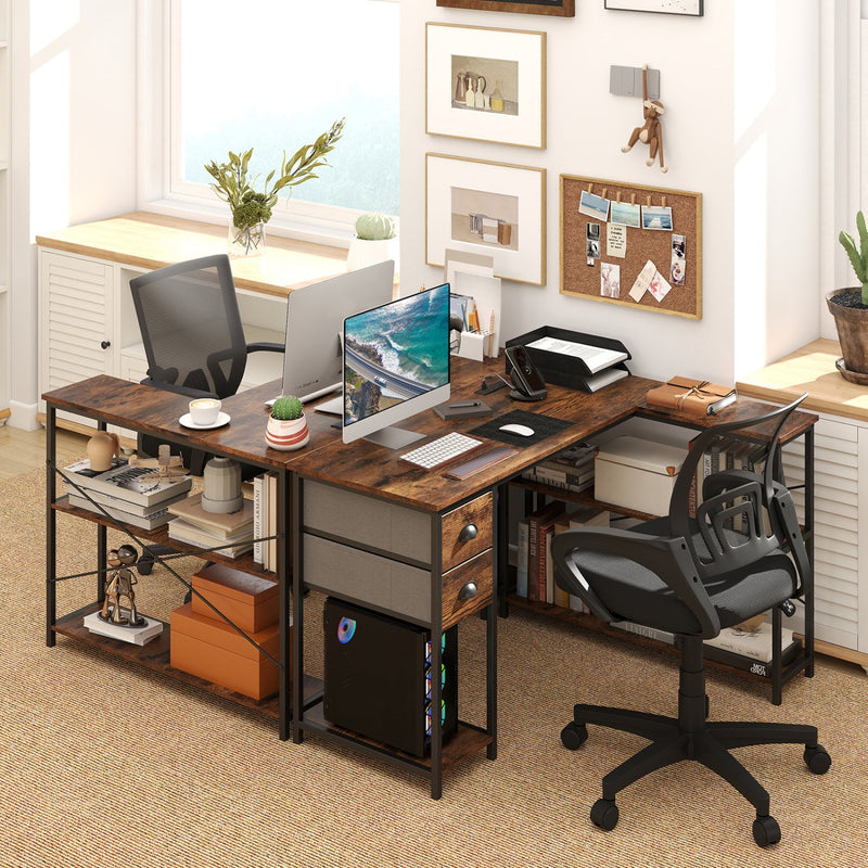 L Shaped Desk with Charging Station Corner Computer Desk with 2 Fabric Drawers by DirectDeals