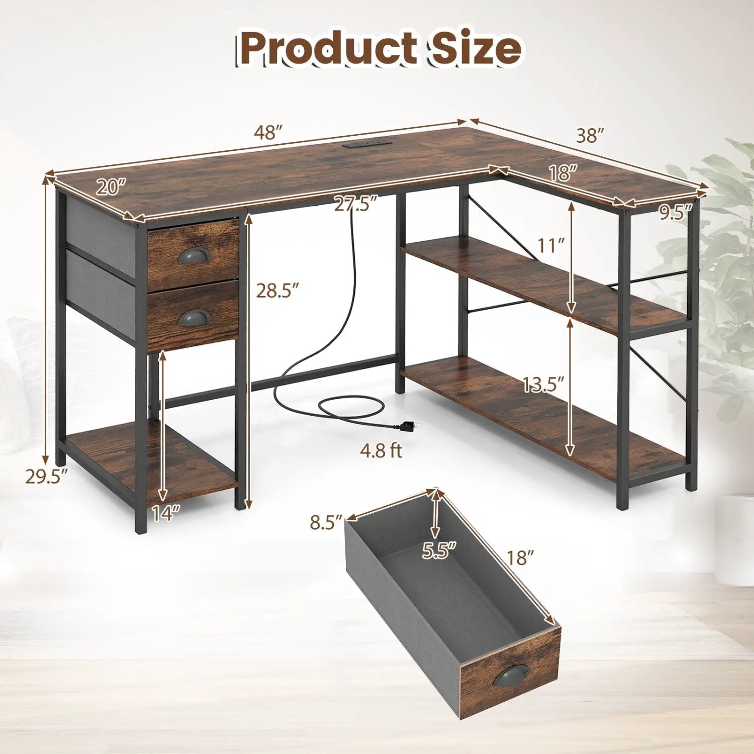 L Shaped Desk with Charging Station Corner Computer Desk with 2 Fabric Drawers by DirectDeals