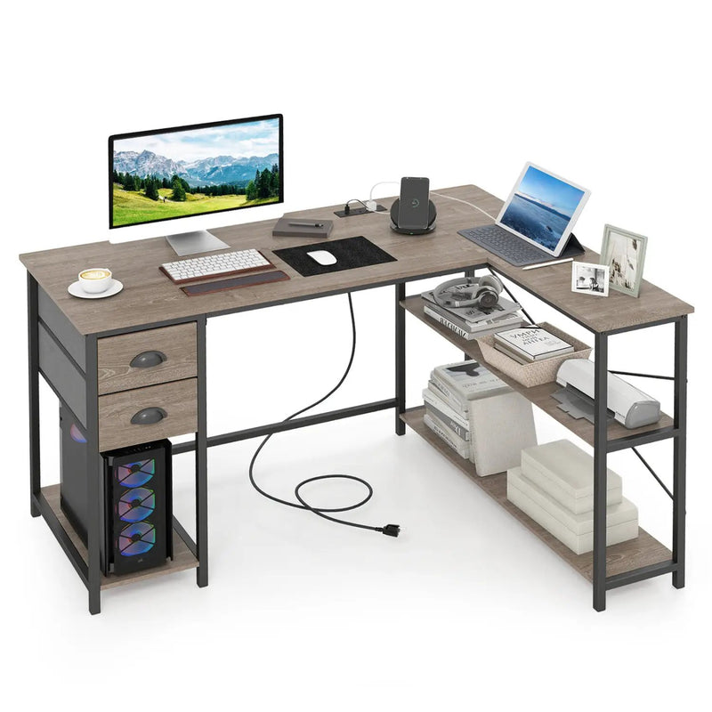 L Shaped Desk with Charging Station Corner Computer Desk with 2 Fabric Drawers by DirectDeals