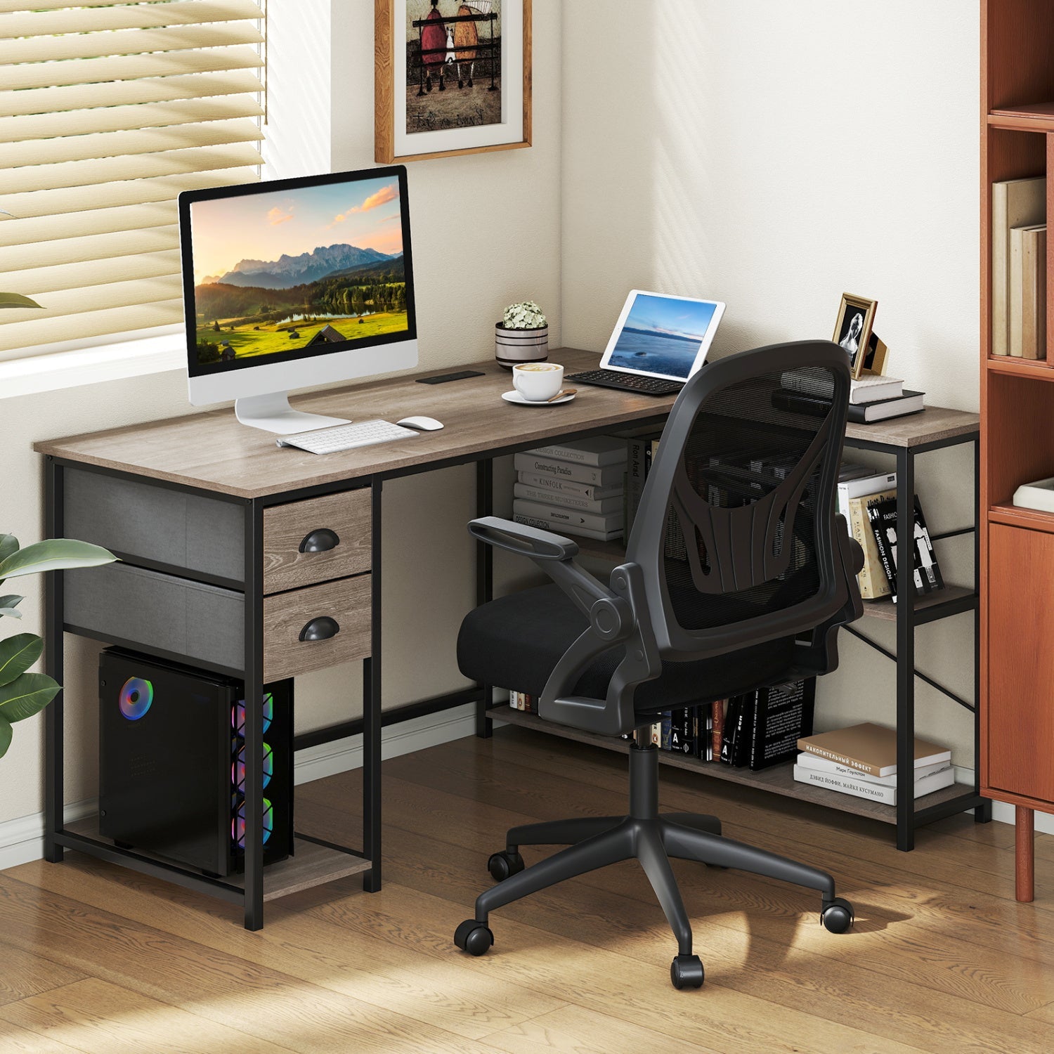 L Shaped Desk with Charging Station Corner Computer Desk with 2 Fabric Drawers by DirectDeals