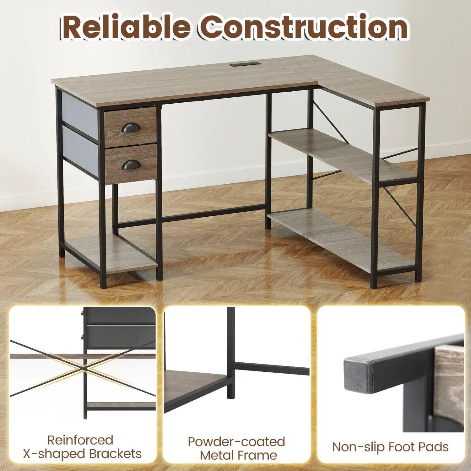 L Shaped Desk with Charging Station Corner Computer Desk with 2 Fabric Drawers by DirectDeals