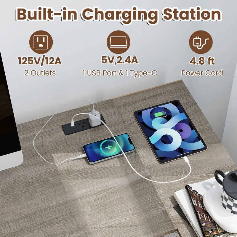 L Shaped Desk with Charging Station Corner Computer Desk with 2 Fabric Drawers by DirectDeals